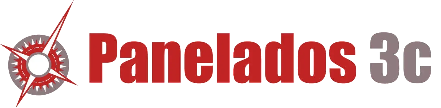 Logotipo de "Panelados 3c", con gráfico de brújula roja y texto en rojo y gris.